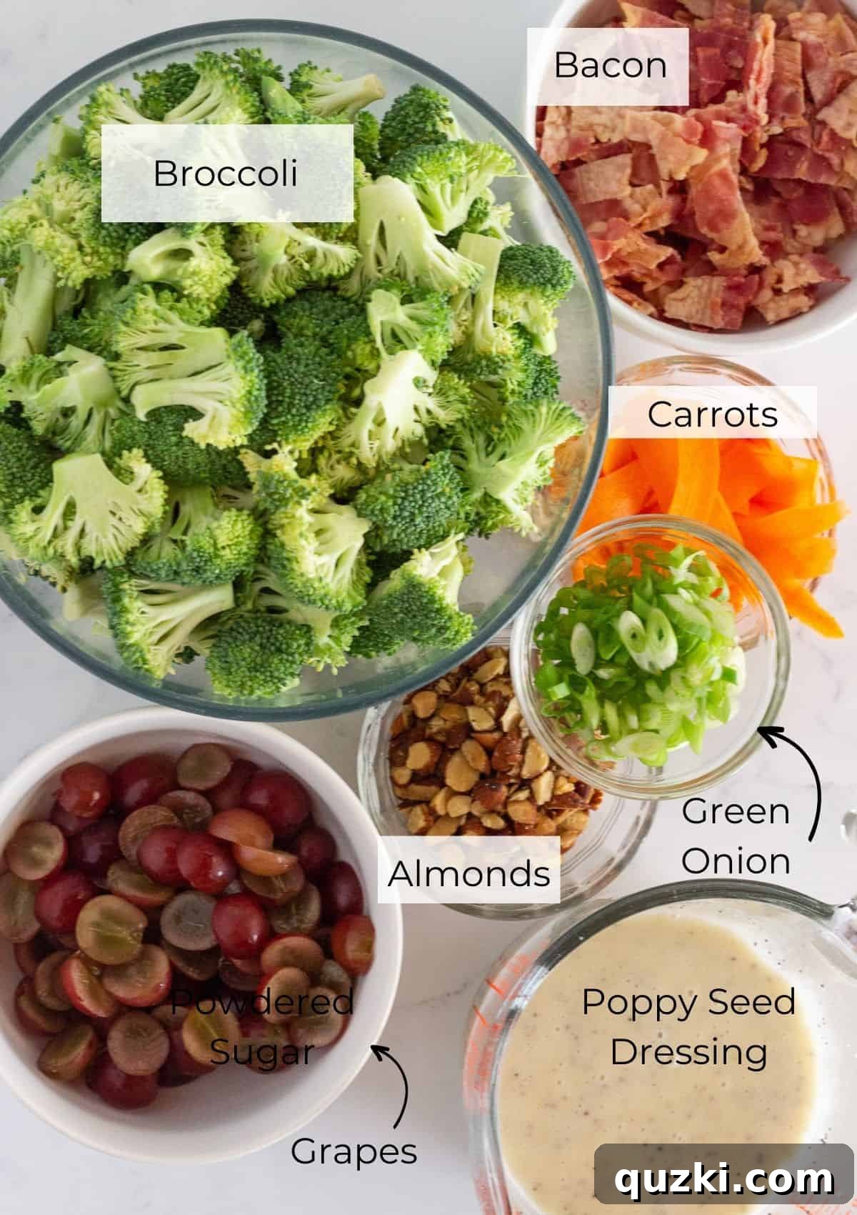 Smoky Bacon Broccoli Crunch Salad 3 All the fresh and flavorful ingredients meticulously arranged, ready to be combined into the ultimate Broccoli Crunch Salad.