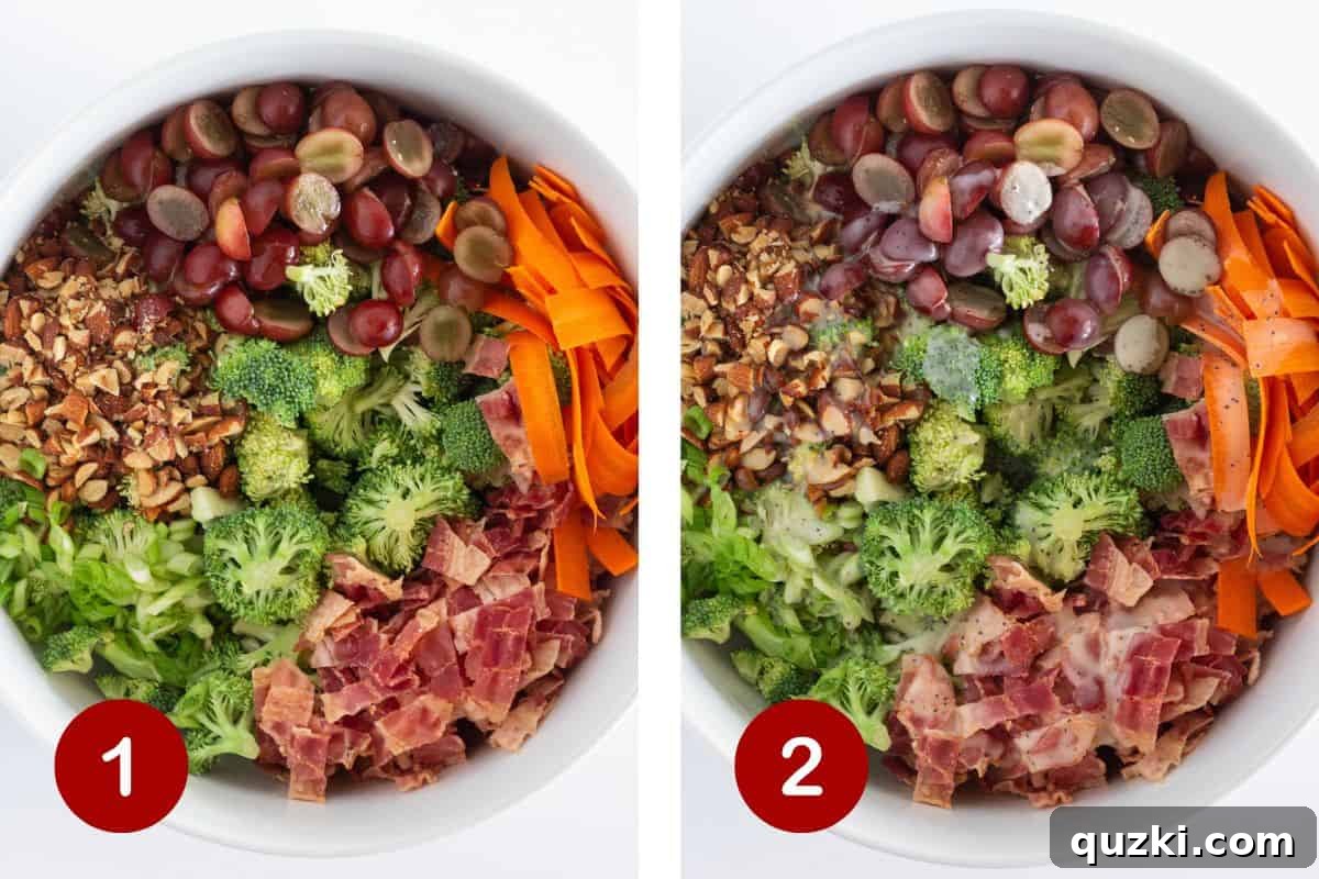 Smoky Bacon Broccoli Crunch Salad 4 Two sequential images showing the preparation of broccoli salad. The first image displays all the dry salad ingredients mixed in a bowl, and the second shows the creamy poppy seed dressing being poured over them.