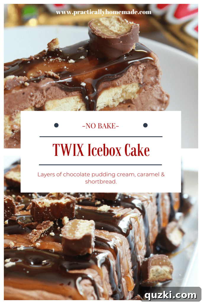 Delicious Twix Icebox Cake sliced, revealing layers of rich chocolate cream, crunchy shortbread, and gooey caramel, elegantly garnished with chocolate syrup, caramel drizzle, and finely chopped Twix candy bar pieces on a rustic wooden board.