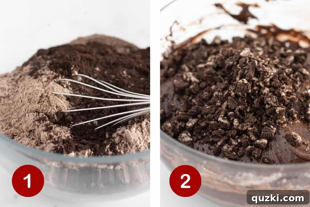 The delicious Oreo Bundt Cake batter, perfectly mixed and ready for baking, showcasing the dispersed chopped Oreo pieces.