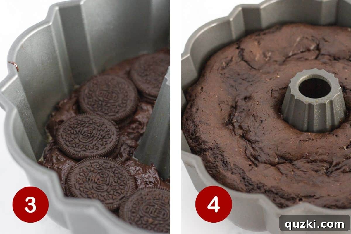 The process of layering the rich chocolate cake batter and whole Oreo cookies into a bundt pan, followed by the cake baking in the oven.