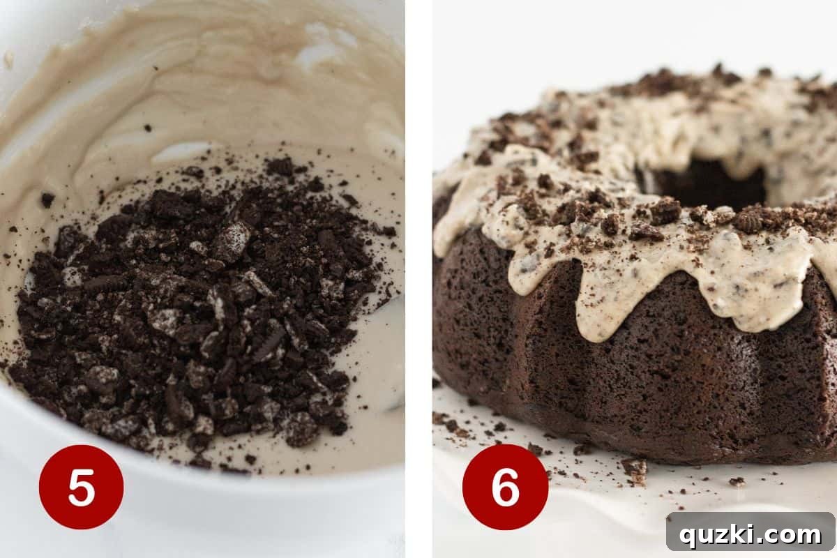 The final stages of decorating the Oreo Bundt Cake: preparing the creamy Oreo glaze and elegantly spooning it over the cooled chocolate cake.