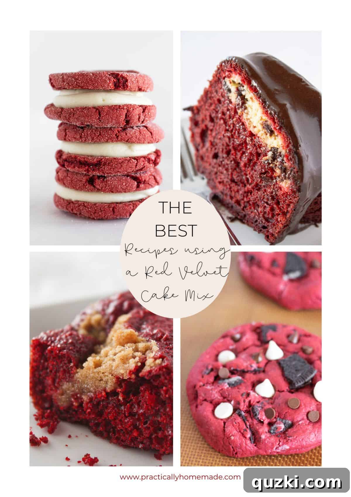 A vibrant collage of various red velvet desserts made from a cake mix, showcasing fluffy muffins, chewy cookies, and elegant bundt cakes, all adorned with classic cream cheese frosting or decadent glazes.