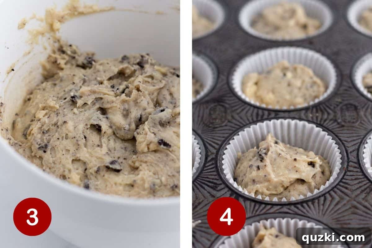 Crumbly Cream Dream Muffins 5 Finishing the Oreo muffin batter and filling the cups.
