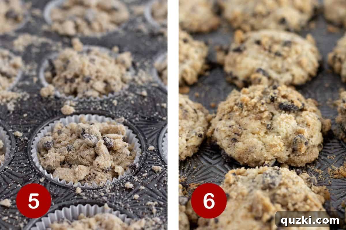 Crumbly Cream Dream Muffins 6 Stopping muffins with crumb topping and baking them.