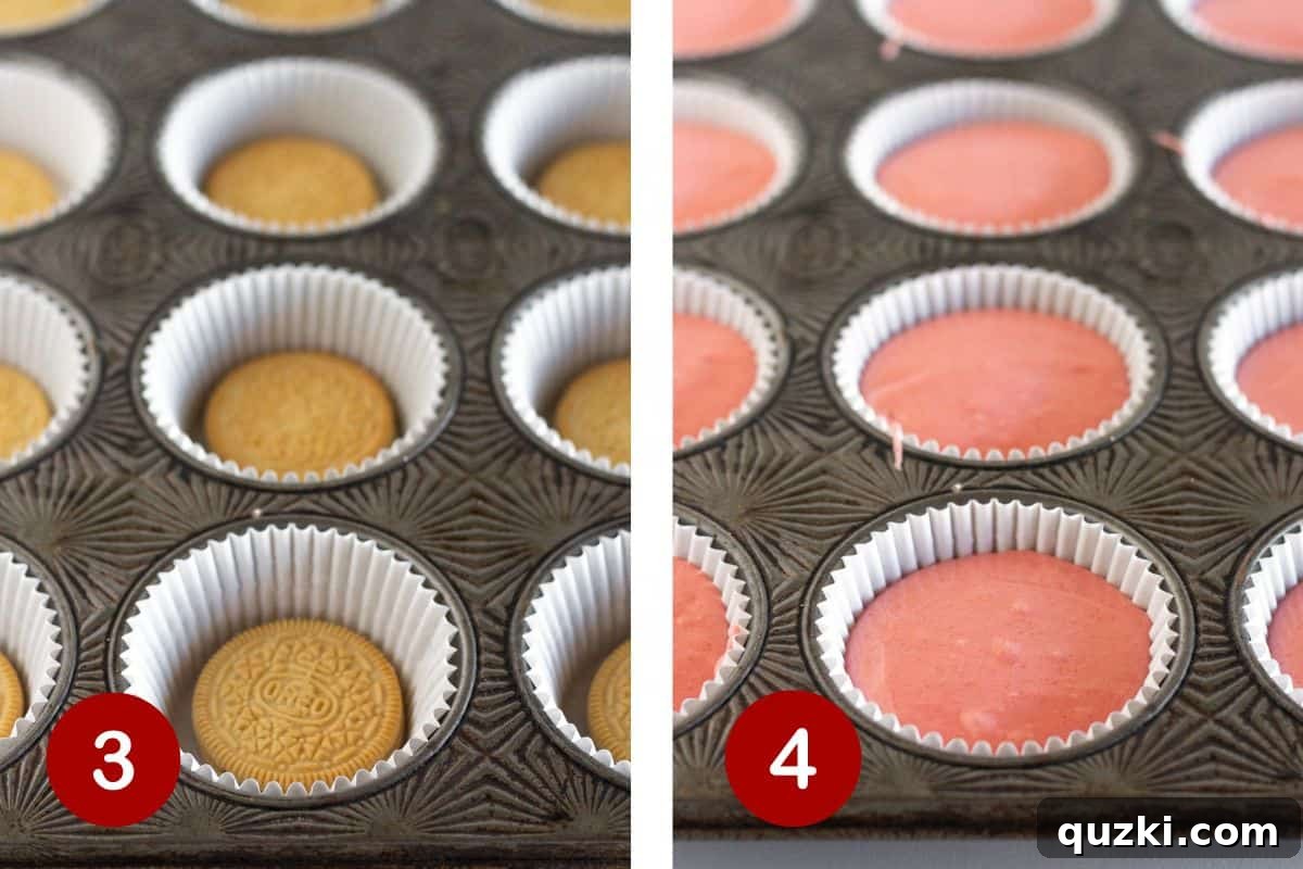 Sweet Strawberry Crunch Cupcakes 5 Adding the Oreo to the bottom of the pan and topping with cupcake batter.