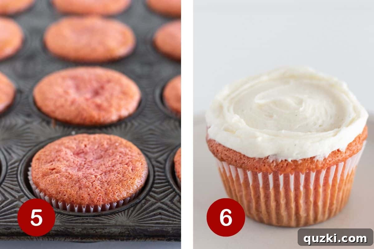 Sweet Strawberry Crunch Cupcakes 6 Baking and frosting the cupcakes.