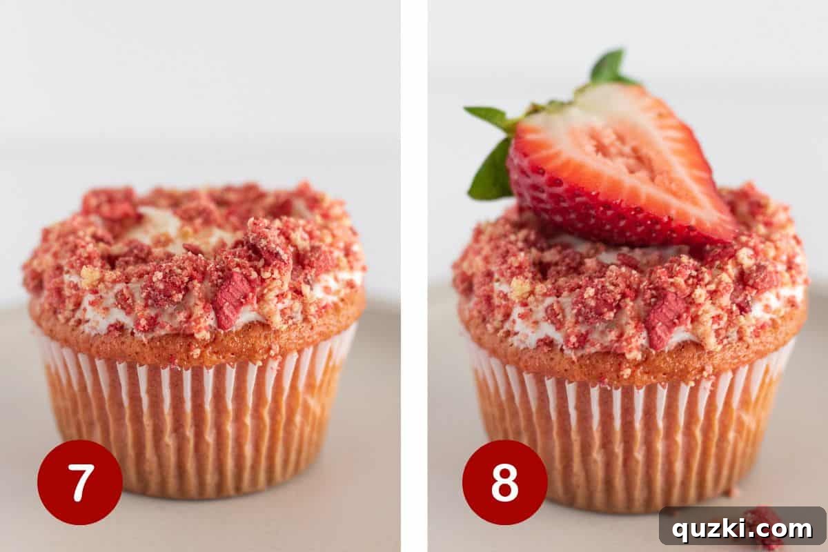 Sweet Strawberry Crunch Cupcakes 7 Add strawberry crunch topping and a fresh strawberry to the top of the cucpakes.