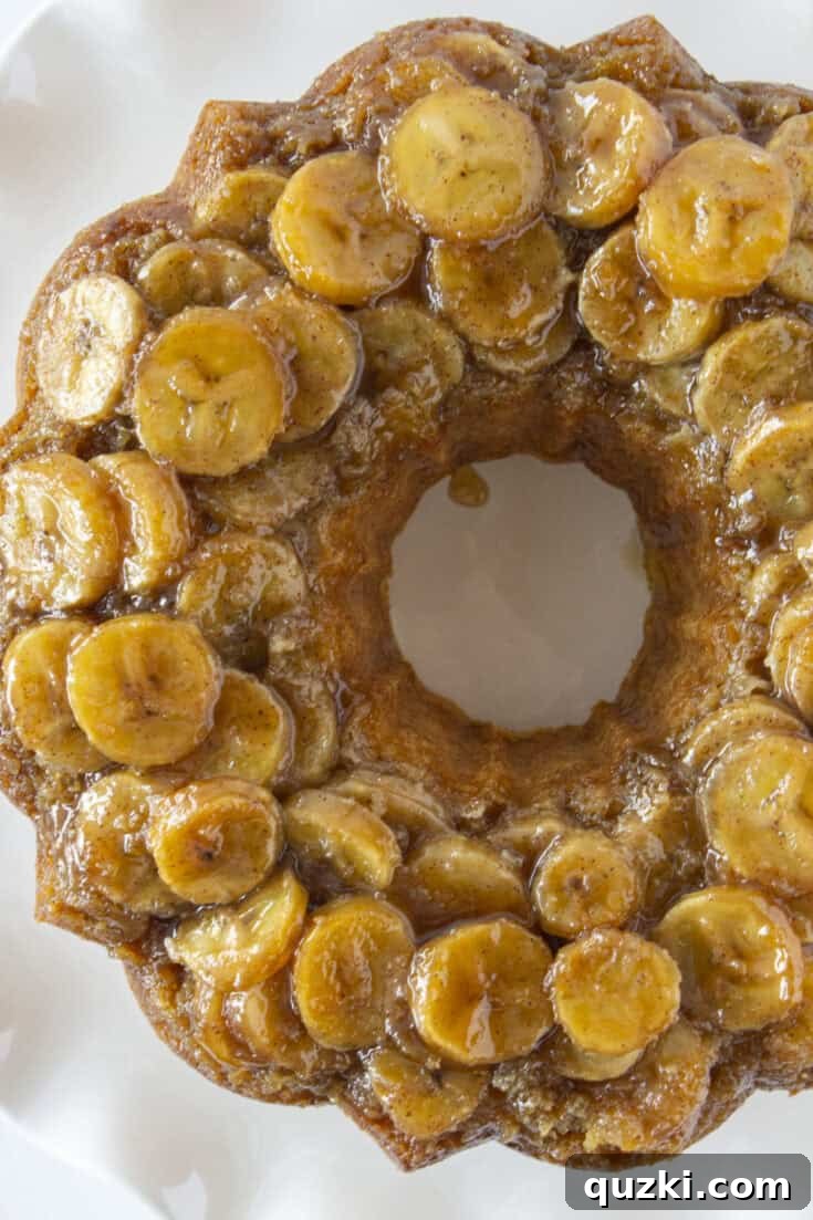 Easy Banana Upside Down Cake, a golden bundt cake with caramelized banana slices.