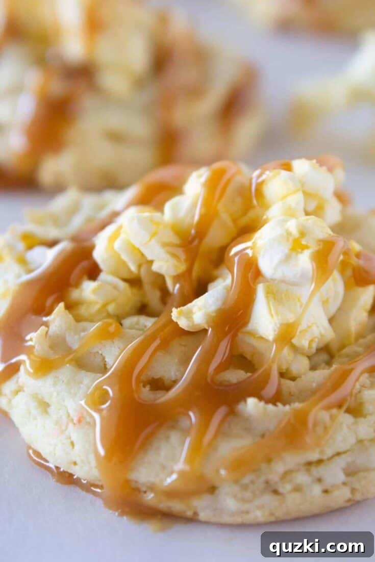 Caramel Corn Cookies with a cake mix, drizzled with salted caramel and popcorn.