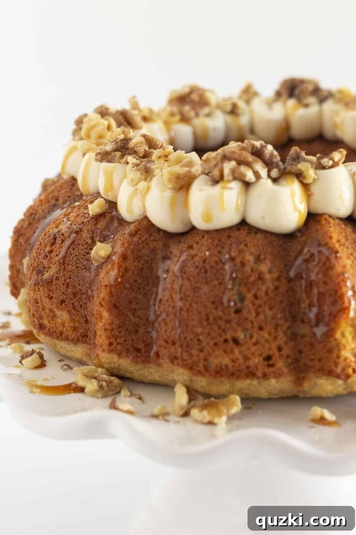 Easy Banana Walnut Cake with Caramel Frosting, a bundt cake with walnuts and glaze.