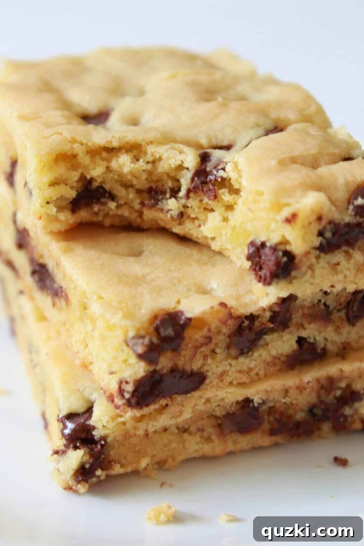 Soft & Chewy Easy Chocolate Chip Cookie Bars, a tray of golden cookie bars.