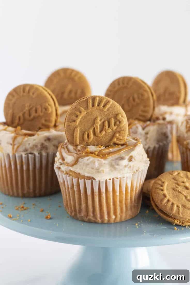 Biscoff Cupcakes with creamy buttercream frosting and cookie crumbs.