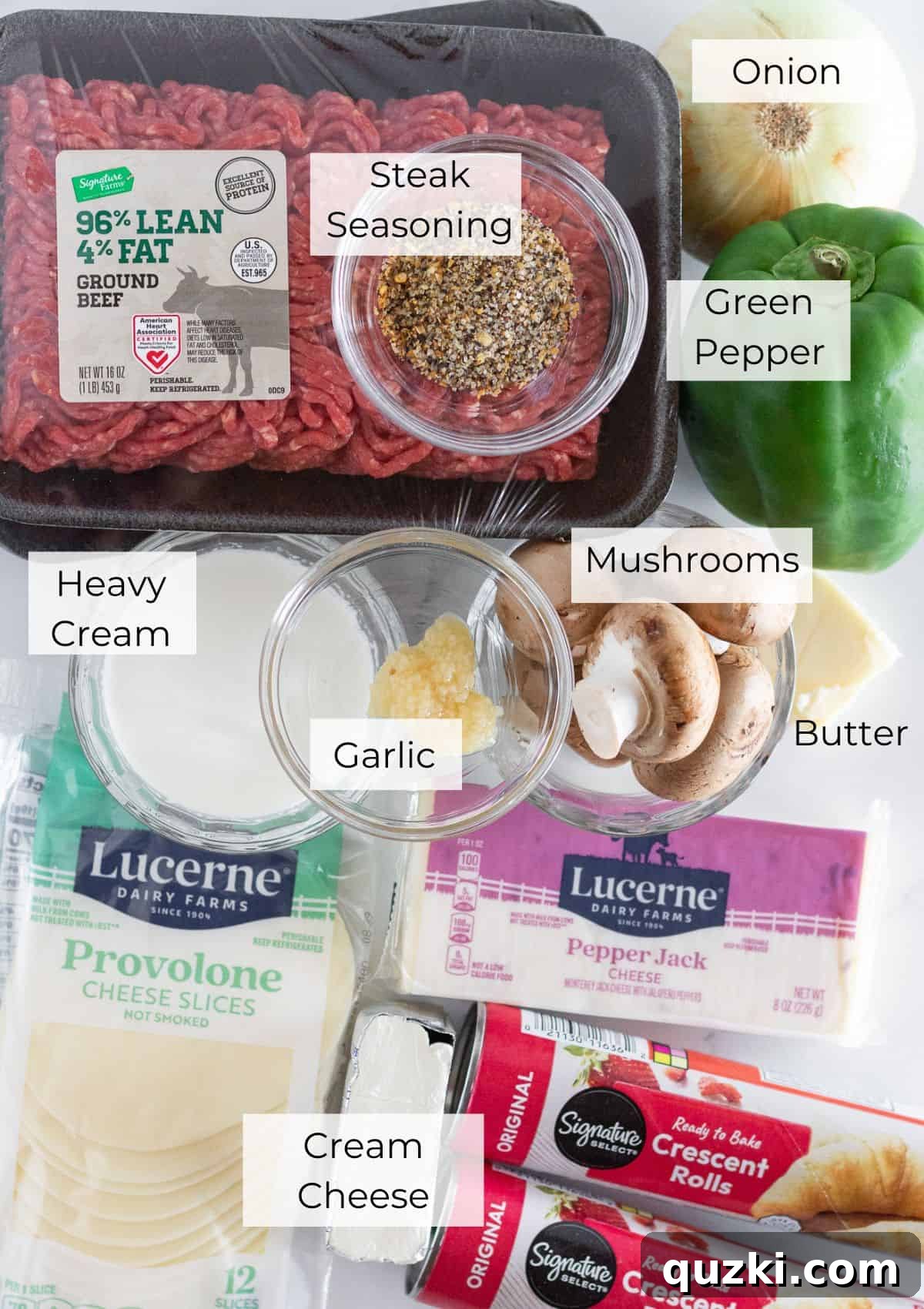 Ultimate Philly Cheesesteak Bake 3 The ingredients needed to make Philly cheesesteak casserole with ground beef.