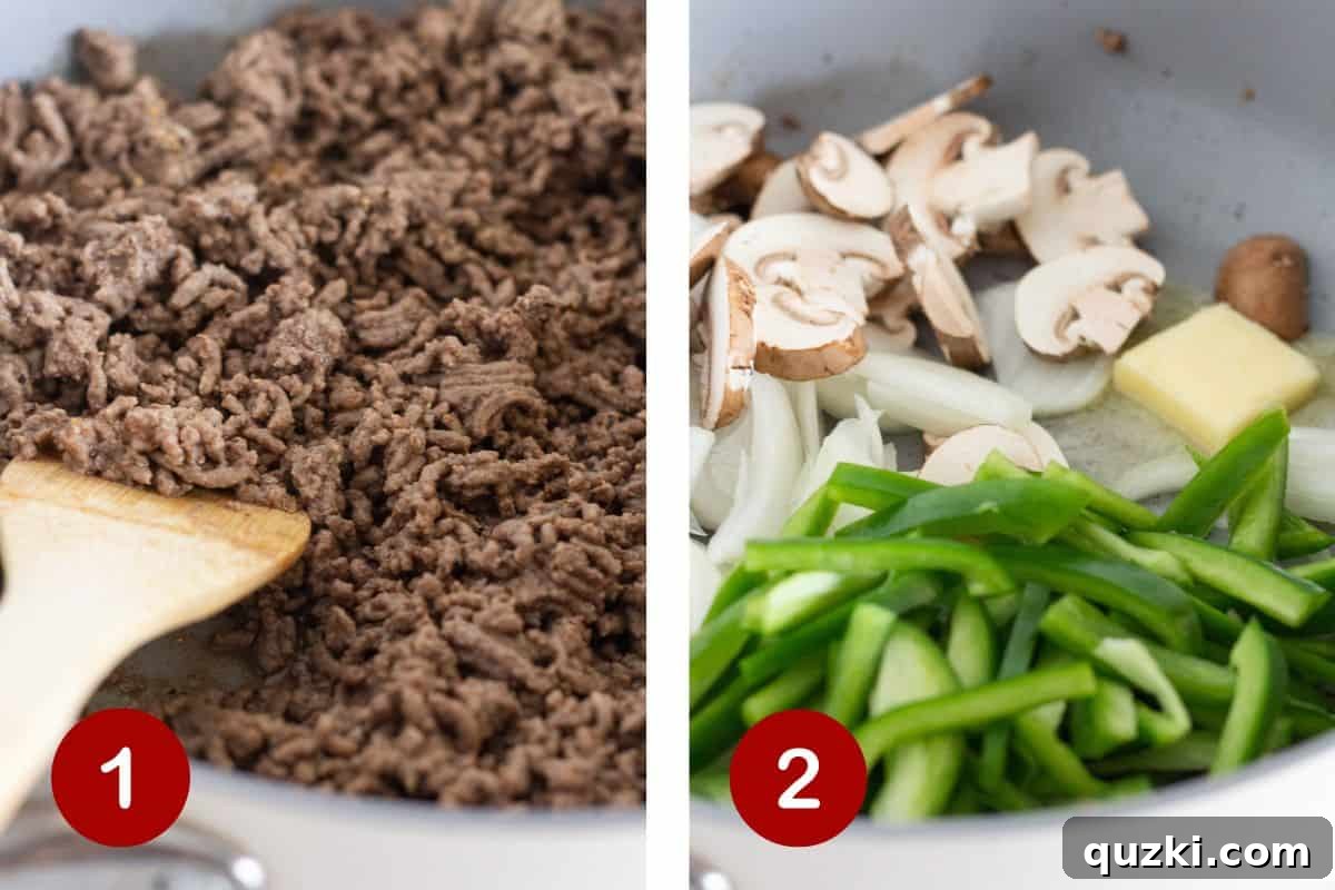 Ultimate Philly Cheesesteak Bake 4 Cooking the ground beef and then cooking the vegetables in the same skillet.