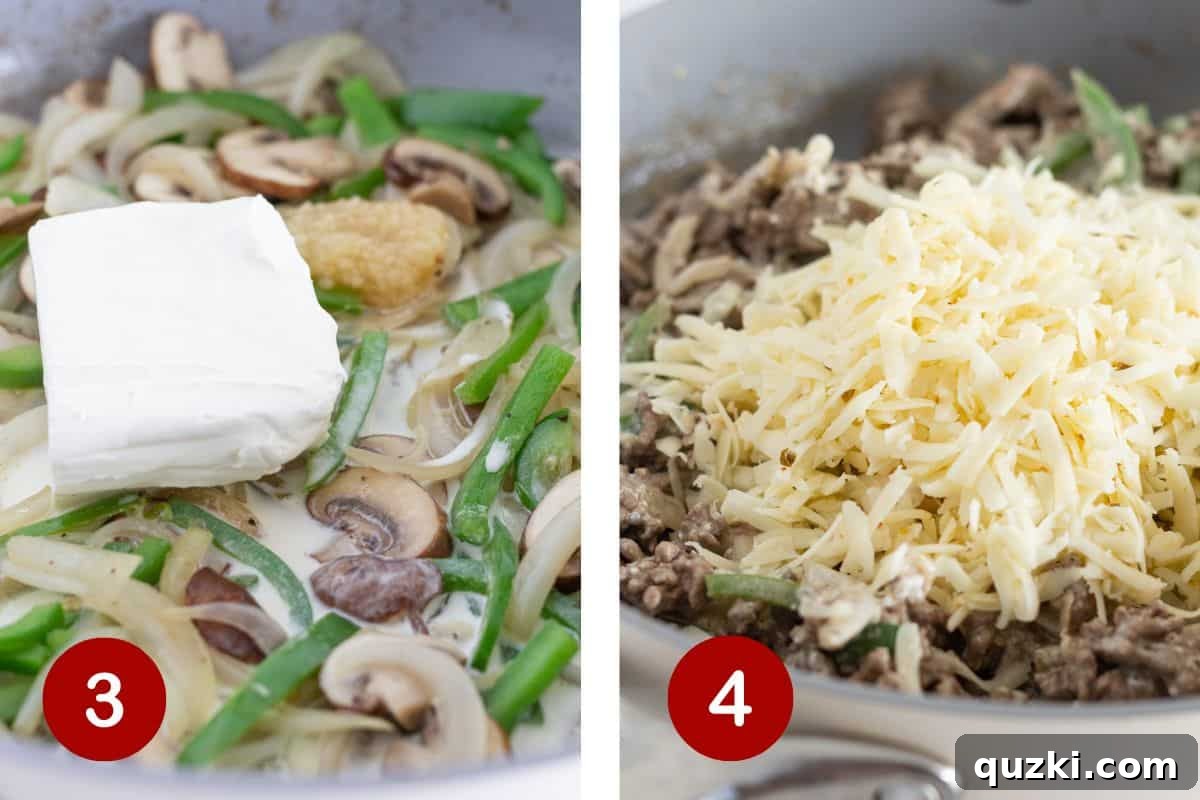 Ultimate Philly Cheesesteak Bake 5 Adding the cream cheese to mixture and then adding pepper jack cheese.