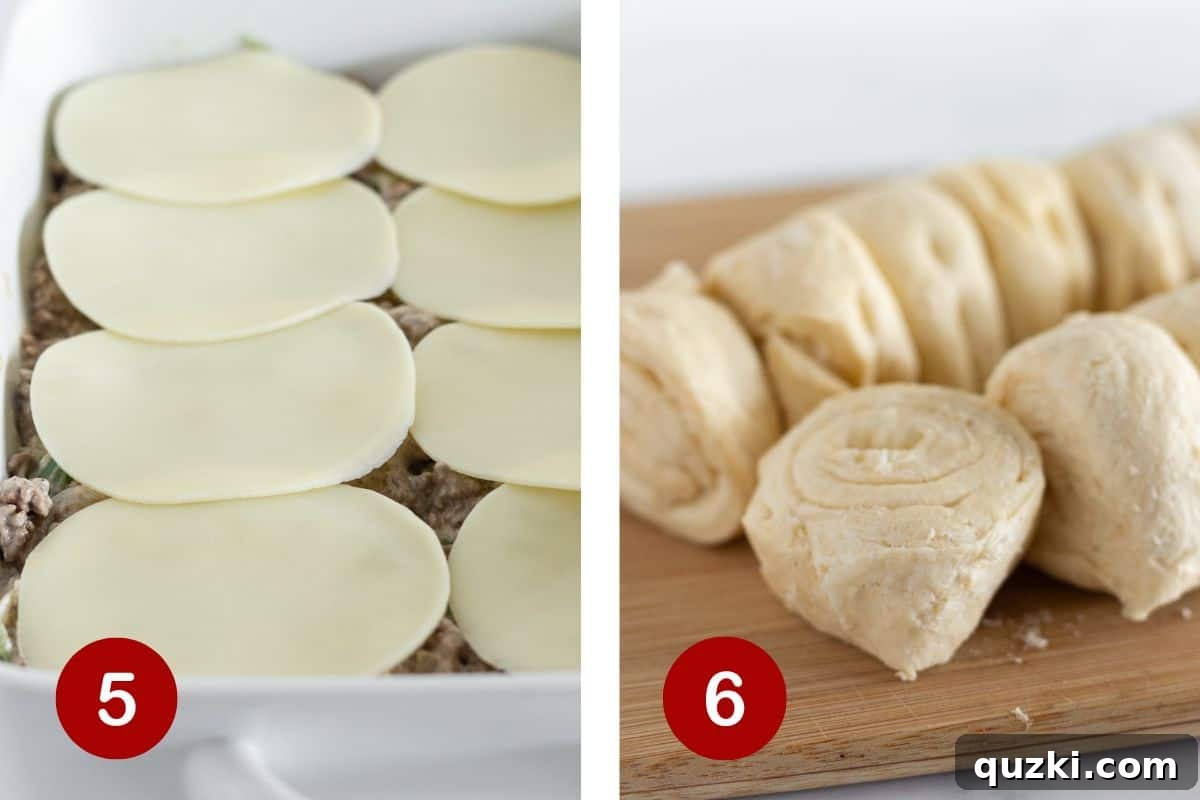 Ultimate Philly Cheesesteak Bake 6 Add filling to a 9x13 baking dish and top with provolone cheese. Then cut the crescent roll dough into rounds.