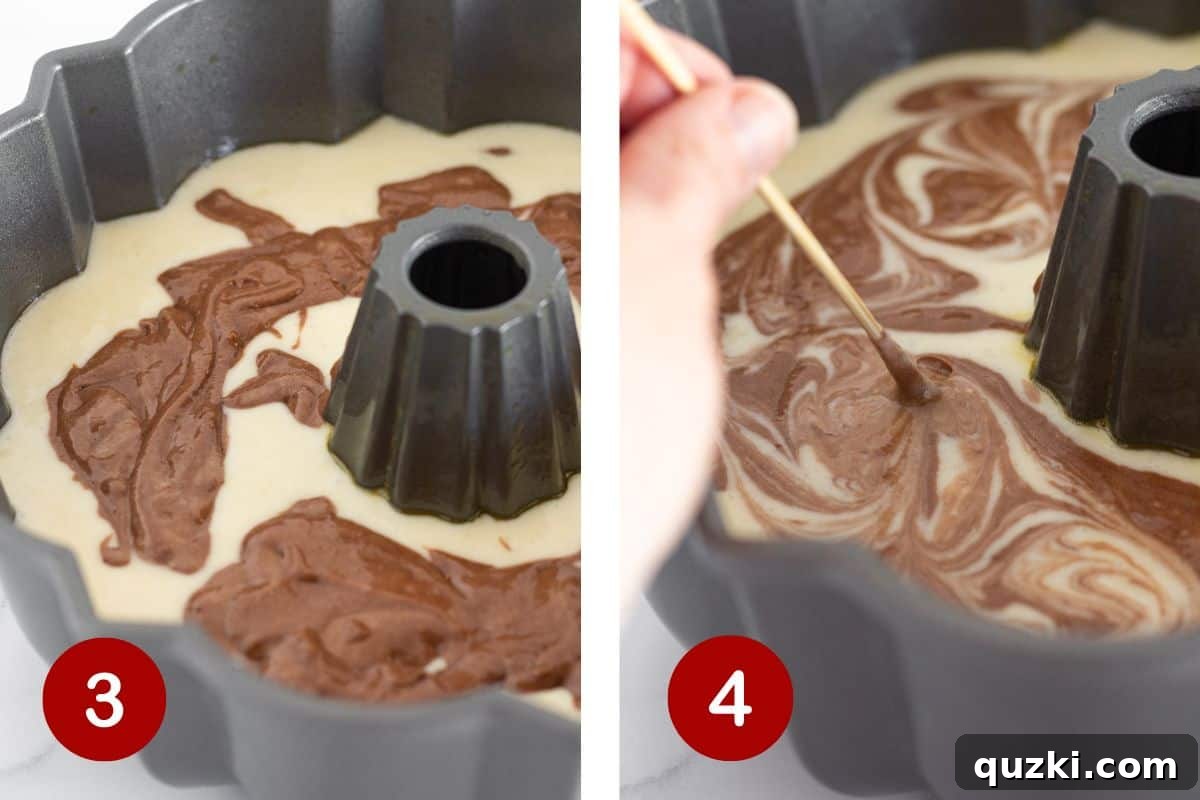 Velvety Chocolate Vanilla Swirl Bundt Cake 5 Layering the vanilla and chocolate batter into a greased bundt pan and swirling them gently with a skewer.