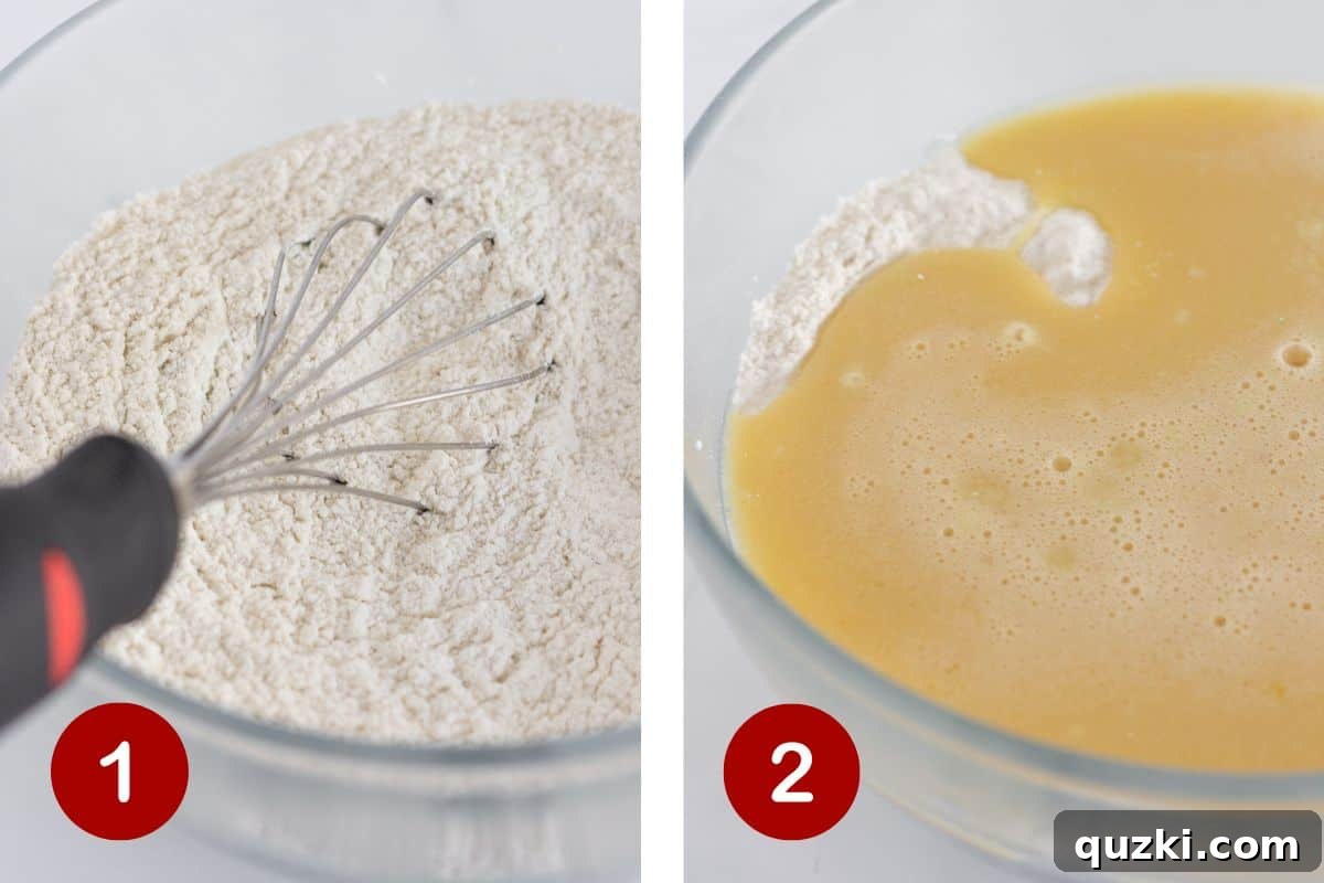 Pudding Mix Perfection: Effortless Pistachio Muffins 4 Two bowls side-by-side; one contains whisked dry ingredients for muffins, and the other contains combined wet ingredients. A whisk is visible in the wet ingredients bowl.