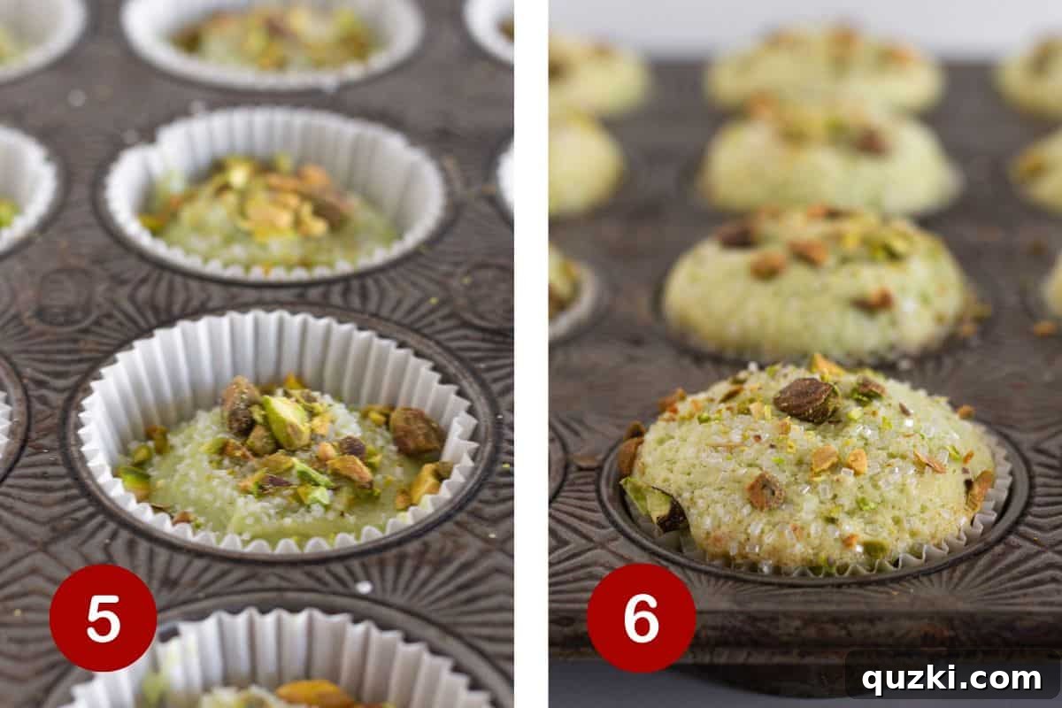 Pudding Mix Perfection: Effortless Pistachio Muffins 6 A muffin tin with unbaked pistachio muffins topped with nuts and sanding sugar, ready to go into the oven. Next to it, a shot of golden-brown baked muffins in the same tin.
