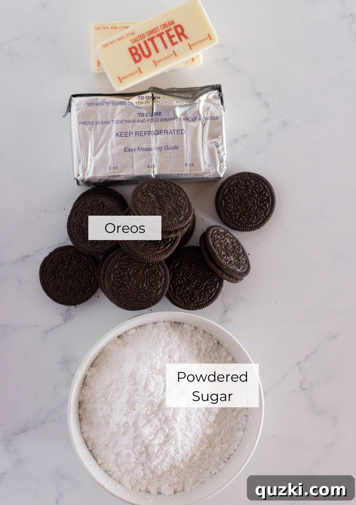 The ingredients needed to make cookies and cream frosting.