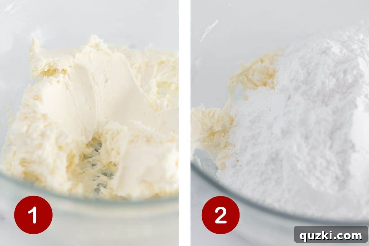 Combining the cream cheese and butter, then adding the powdered sugar to the frosting.