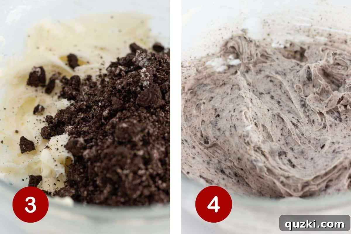Adding the Oreo cookie crumbs to the frosting and mixing them in.