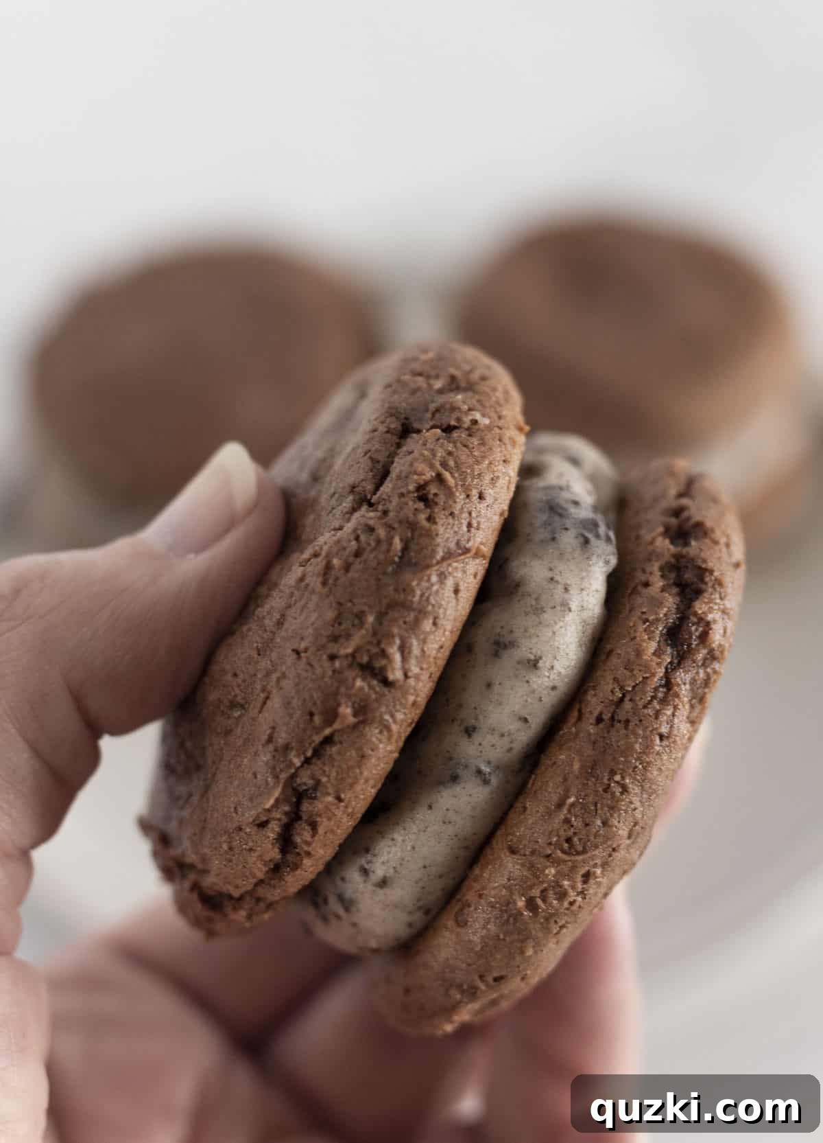 Cookies and cream frosting between two chocolate cookies.