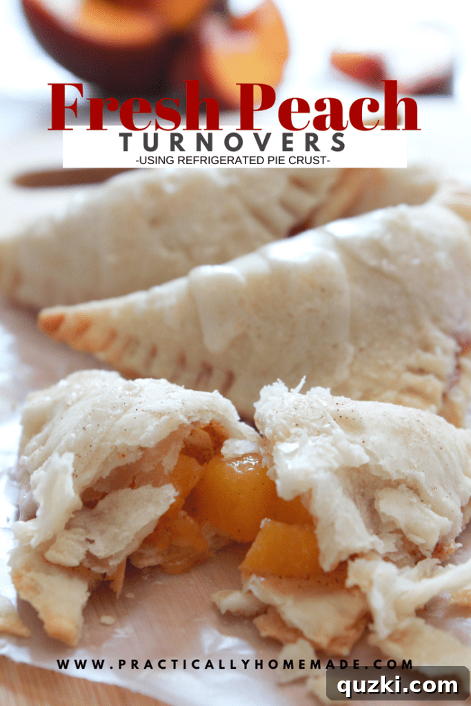 Golden-brown fresh peach turnovers drizzled with vanilla glaze and sprinkled with cinnamon sugar, arranged on a cooling rack, signifying the perfect summer treat.