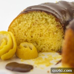A partially served chocolate and lemon bundt cake, showcasing its moist interior and luxurious ganache topping.