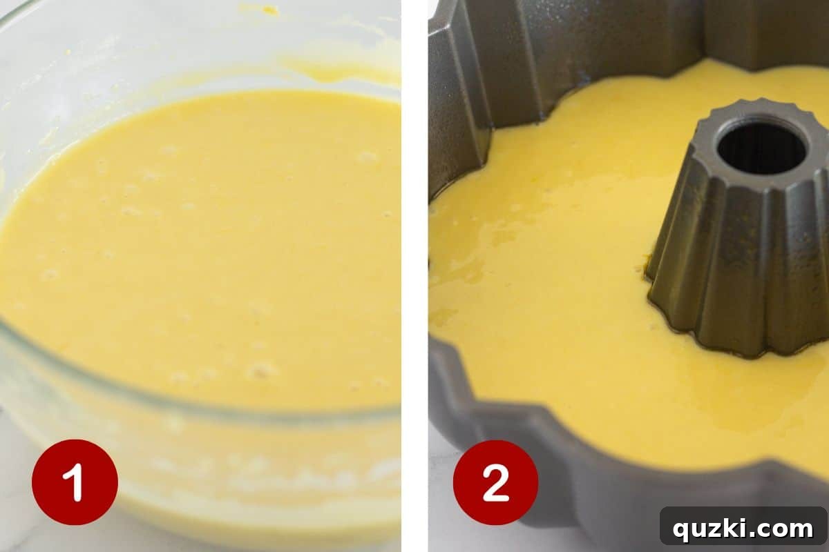 Ultimate Chocolate Lemon Bundt Cake 4 Two sequential images showing the process: first, mixing cake batter in a bowl to a smooth consistency, and second, carefully pouring the mixed batter into a prepared bundt pan.