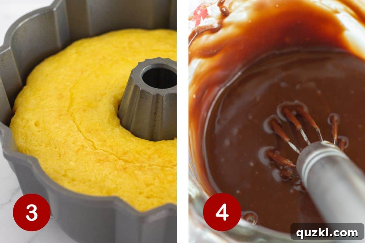 Ultimate Chocolate Lemon Bundt Cake 5 Two side-by-side images: one showing a bundt cake baking golden brown in an oven, and the other illustrating the process of stirring melted chocolate chips and heavy cream to create a smooth ganache.