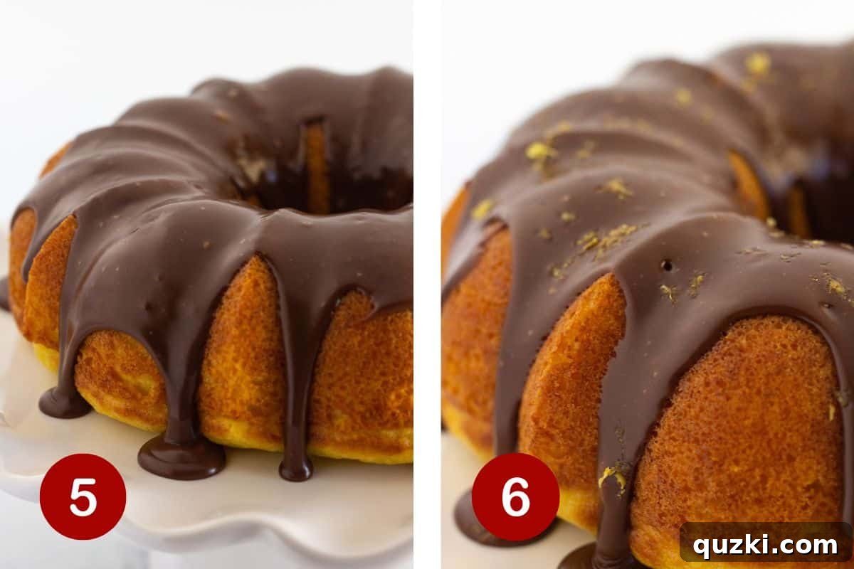 Ultimate Chocolate Lemon Bundt Cake 6 A freshly drizzled lemon bundt cake with glossy chocolate ganache and vibrant lemon zest, beautifully presented and ready for serving.