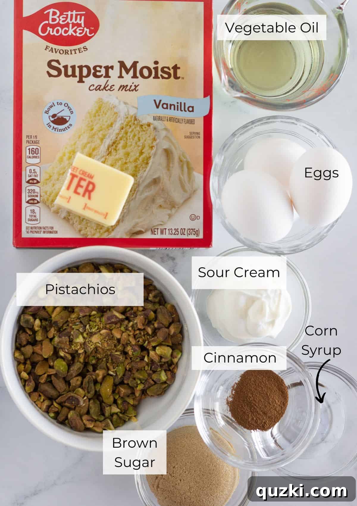 Emerald Pistachio Bundt Flip 3 The array of ingredients needed to make a delicious pistachio upside down cake, neatly laid out.