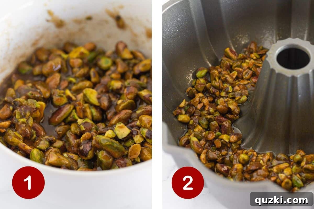 Emerald Pistachio Bundt Flip 4 Visual steps: Making the pistachio topping and evenly adding it to a prepared bundt pan.