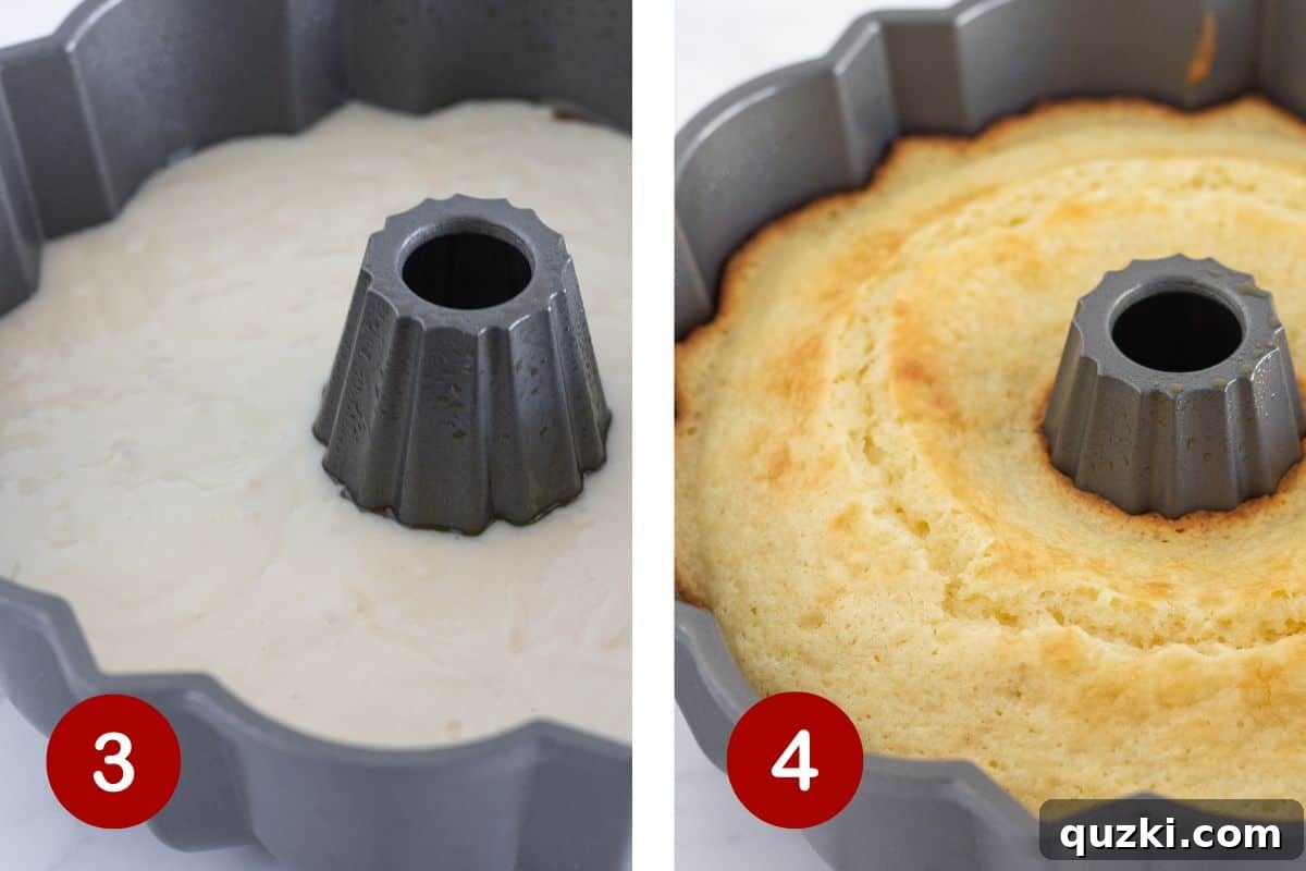 Emerald Pistachio Bundt Flip 5 The process of pouring cake batter into the bundt pan and the golden brown cake baking beautifully.