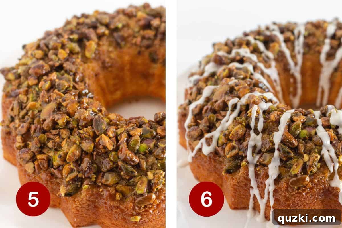 Emerald Pistachio Bundt Flip 6 The final steps: Inverting the cooled cake from the pan and drizzling with a sweet vanilla glaze.