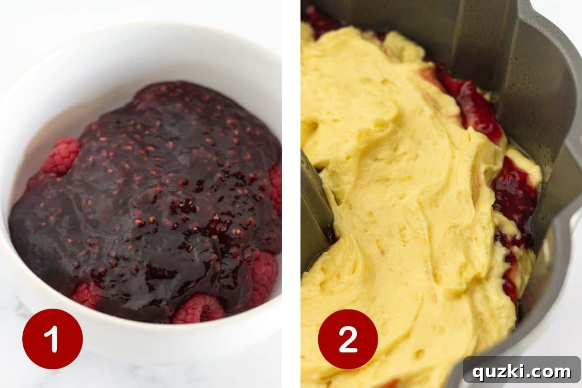 Sunny Raspberry Lemon Bundt Cake 4 The process of layering the vibrant raspberry filling between two layers of lemon cake batter in a Bundt pan before baking.