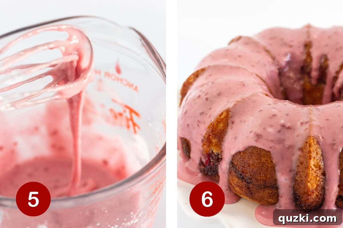 Sunny Raspberry Lemon Bundt Cake 6 Drizzling the bright pink raspberry glaze over a cooled lemon bundt cake, creating an appetizing finish.