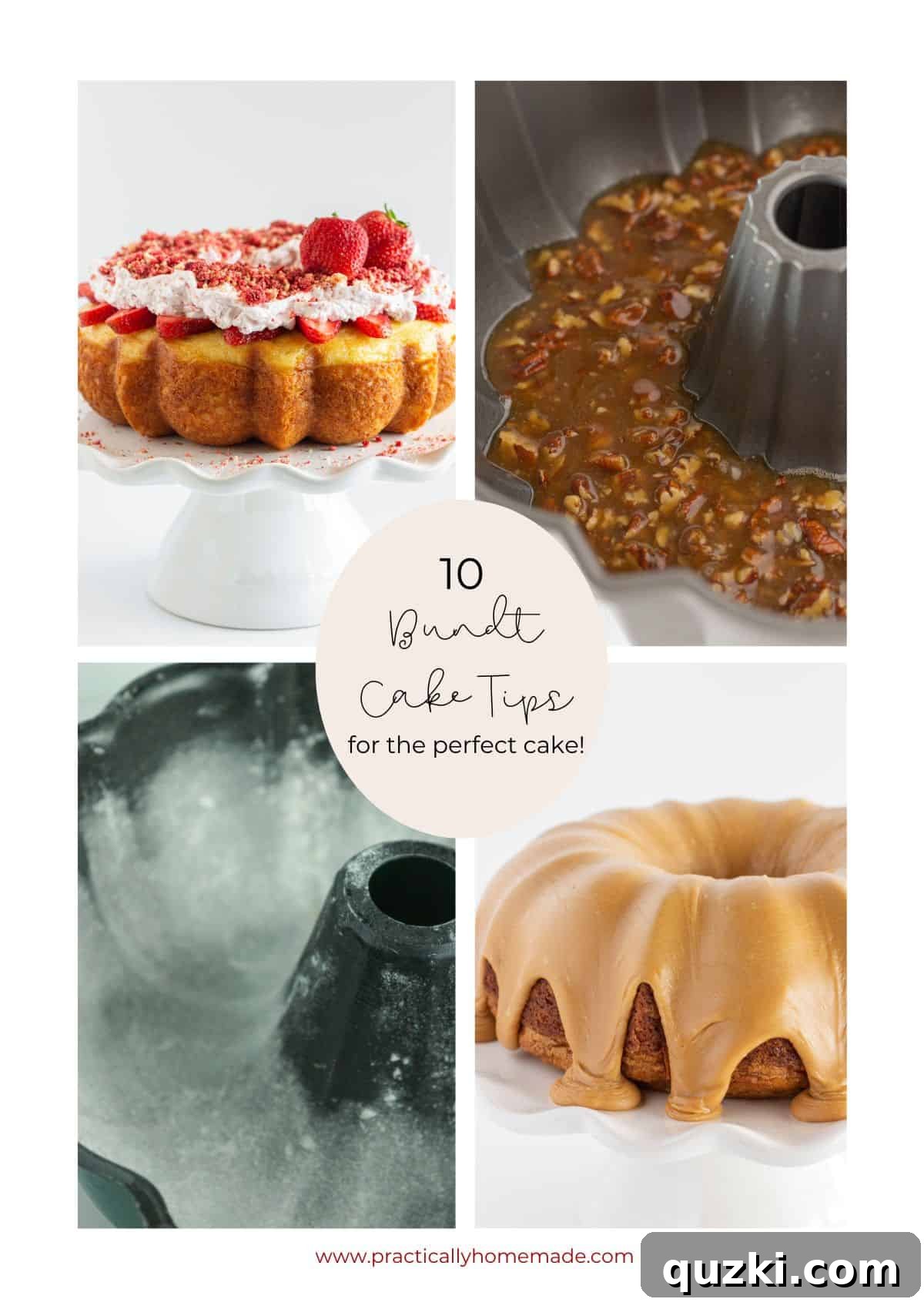 A collage of 4 photos showcasing various bundt cake tips and tricks, including greasing a pan and a finished decorated Bundt cake.