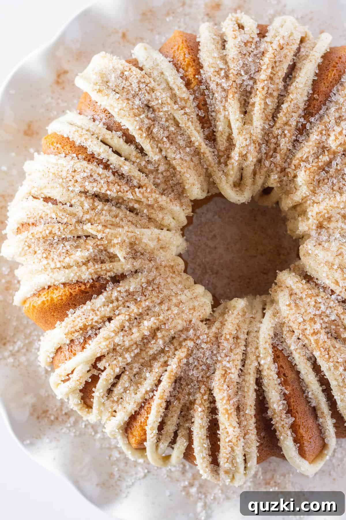 Looking at the top of a Snickerdoodle Bundt cake, beautifully glazed.