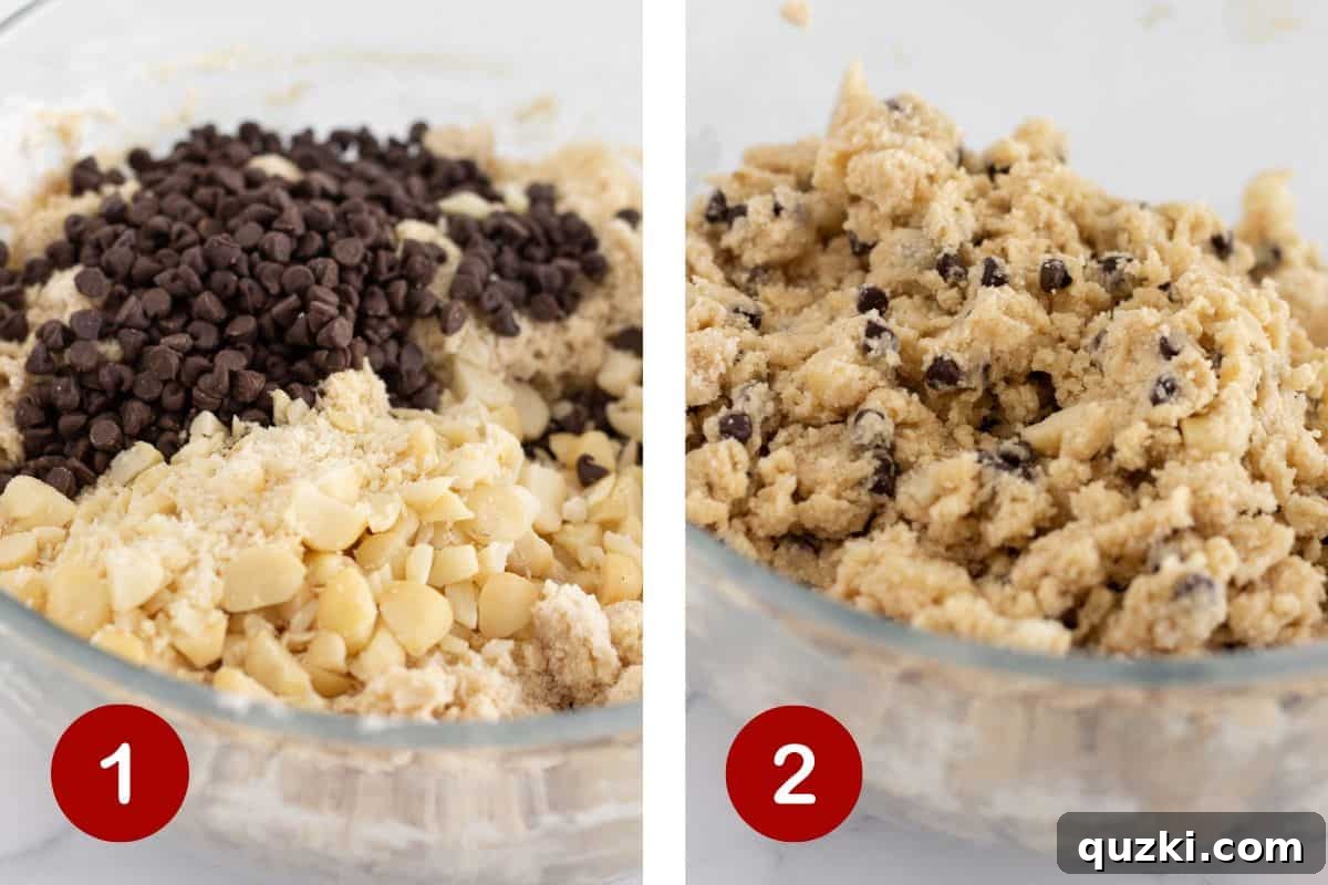 Making the shortbread dough, showing the addition of macadamia nuts and chocolate chips for a tropical twist.