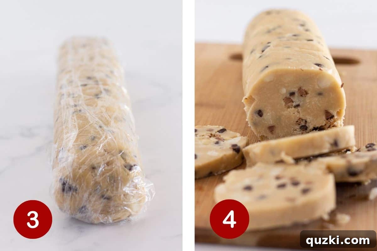 Carefully rolling the shortbread dough into a long cylindrical shape and then refrigerating it before slicing into perfect rounds.