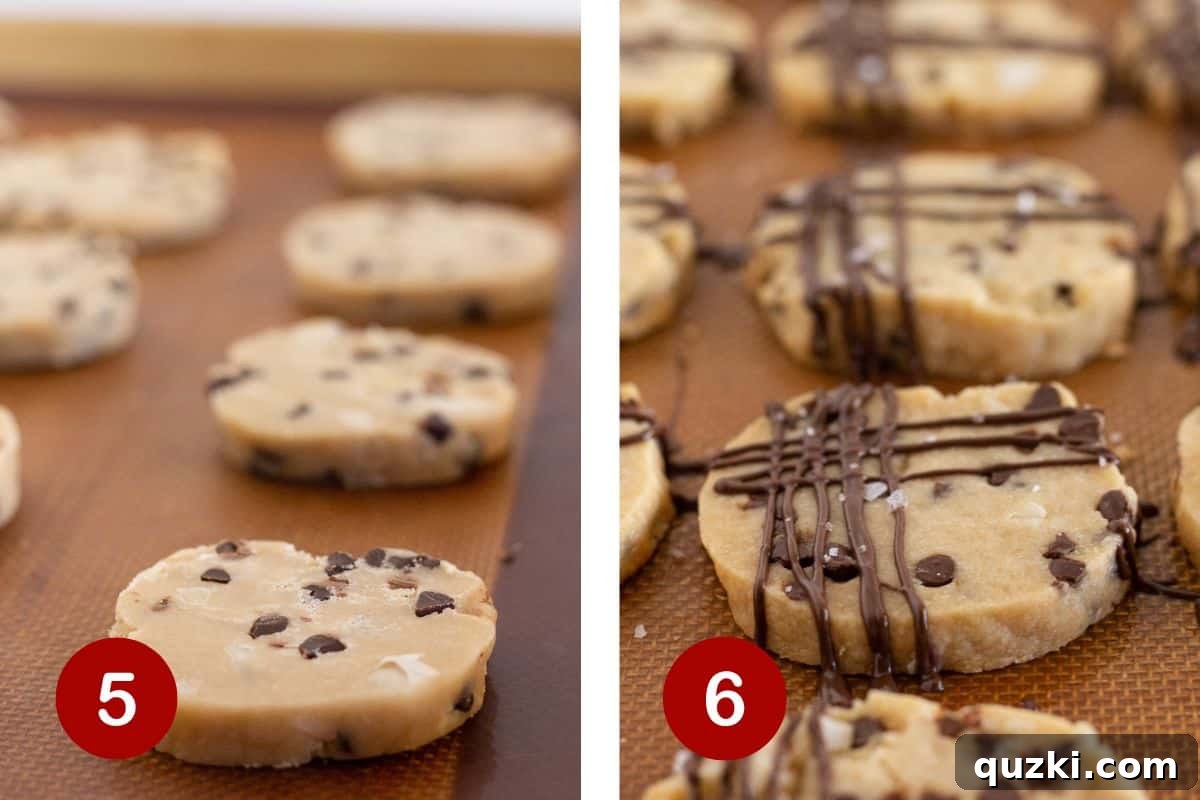 Arranging the cut shortbread dough rounds on a baking sheet, baking them, and then elegantly drizzling with melted chocolate.