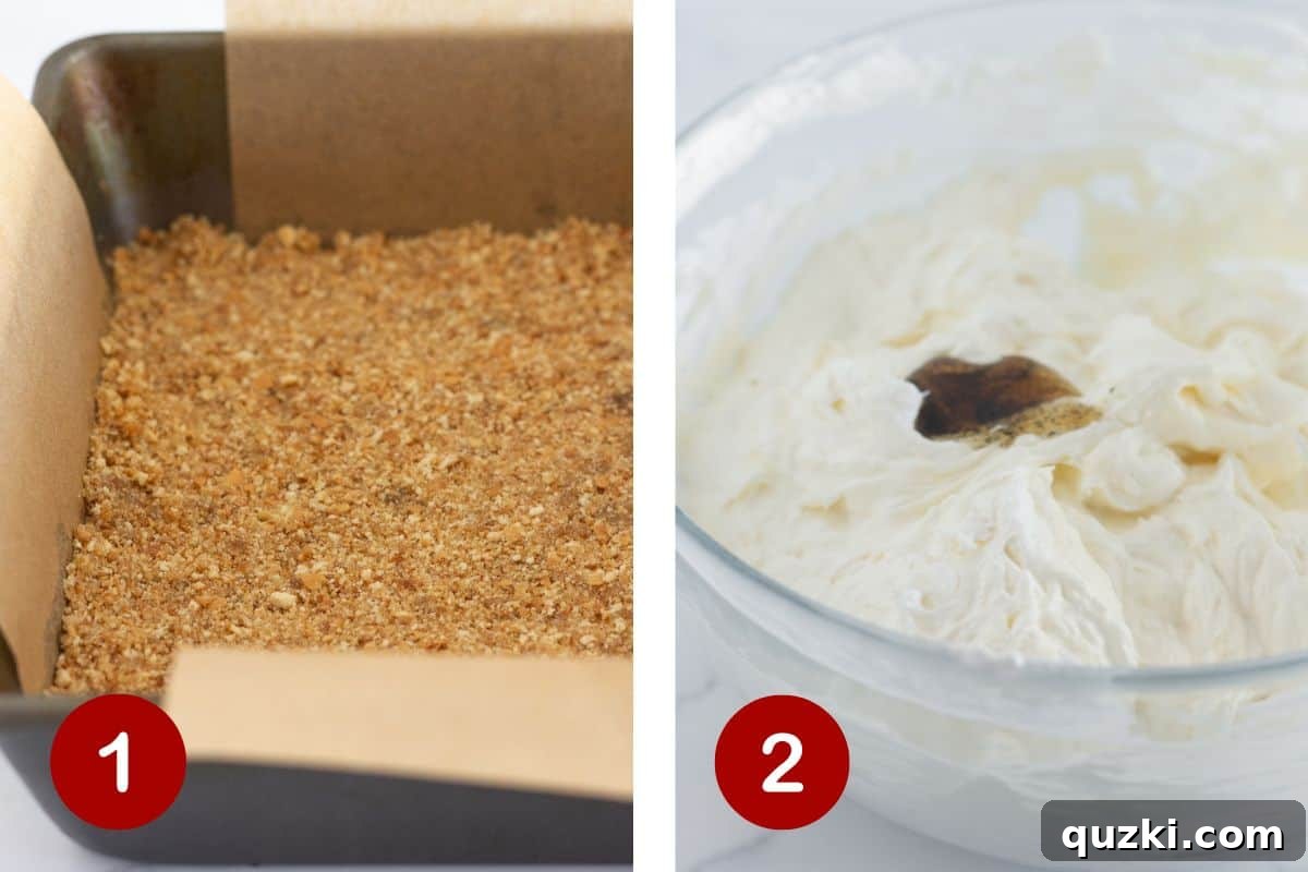 Effortless No-Bake Cheesecake Bars 4 Detailed process of preparing the buttery vanilla wafer crust and meticulously mixing the smooth cheesecake filling.