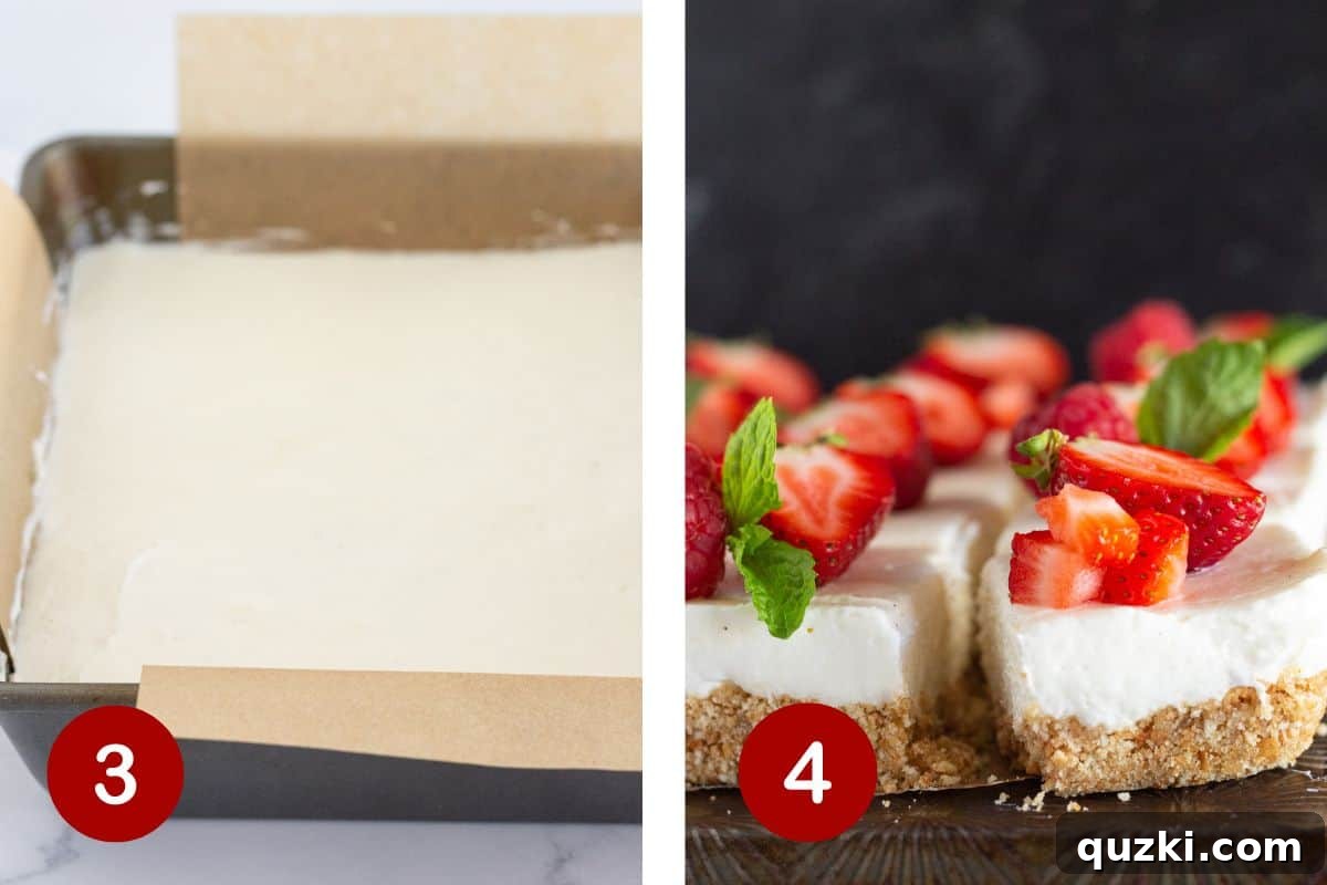 Effortless No-Bake Cheesecake Bars 5 The process of pouring the cheesecake filling over the chilled crust and refrigerating before slicing and topping.
