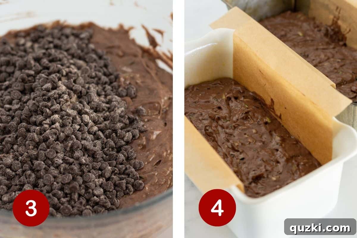 No-Fail Double Chocolate Zucchini Bread Cake Mix 5 Adding the coated chocolate chips to the batter and pouring the batter into two prepared loaf pans.