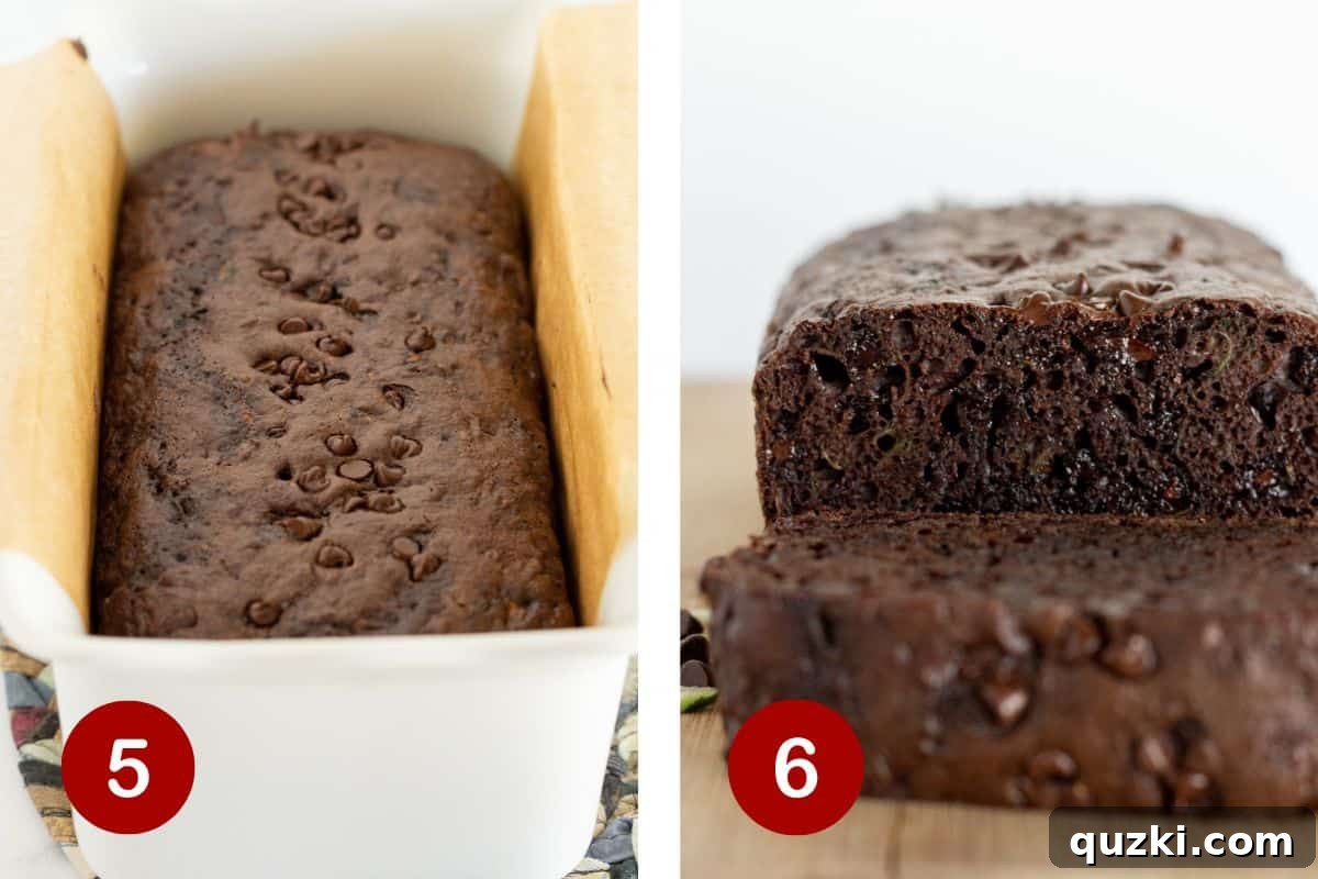 No-Fail Double Chocolate Zucchini Bread Cake Mix 6 Baking the loaf and then cutting slices of the finished double chocolate zucchini loaf, showing its moist interior.