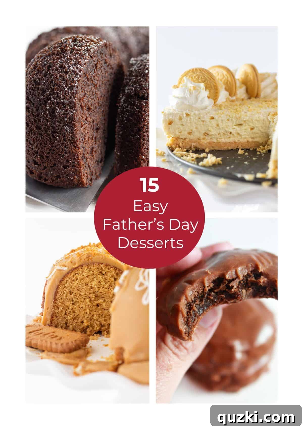 A collage featuring four mouth-watering dessert ideas perfect for celebrating Father's Day, including cakes, cookies, and frozen treats.