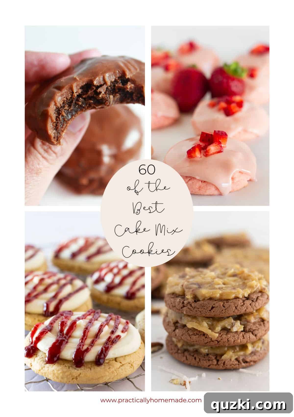 60 Irresistible Cake Mix Cookies 2 A vibrant collage showcasing four different types of irresistible cake mix cookies: red velvet, chocolate chip, frosted sugar, and peanut butter.
